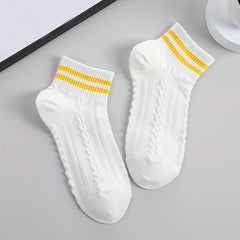 5 Pairs 3D Textured Socks Soft Striped Trim Short Socks Women's Stockings