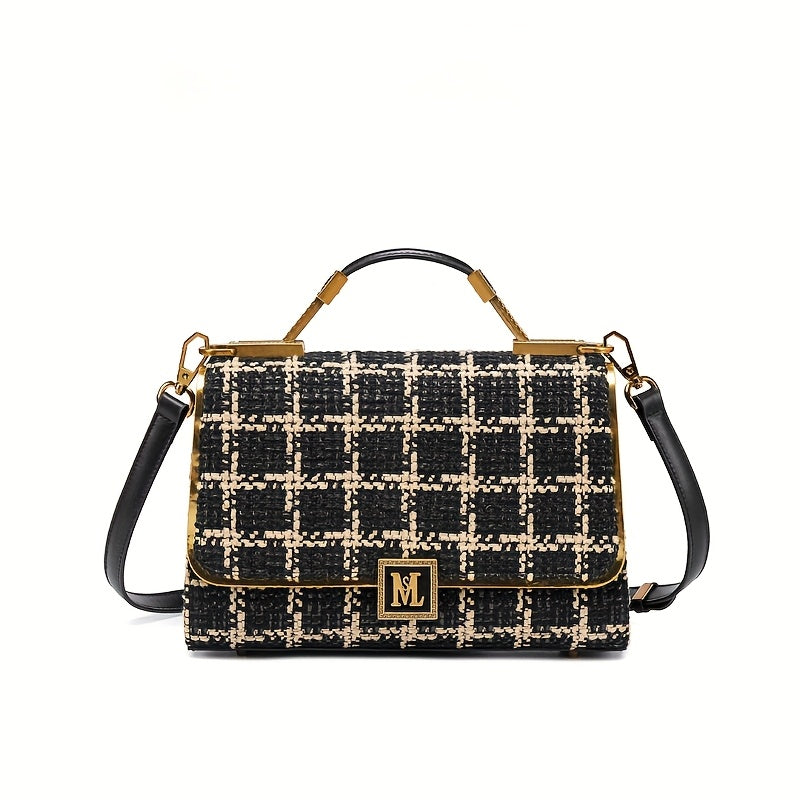 Houndstooth Split Leather Top Handle Shoulder Bag
