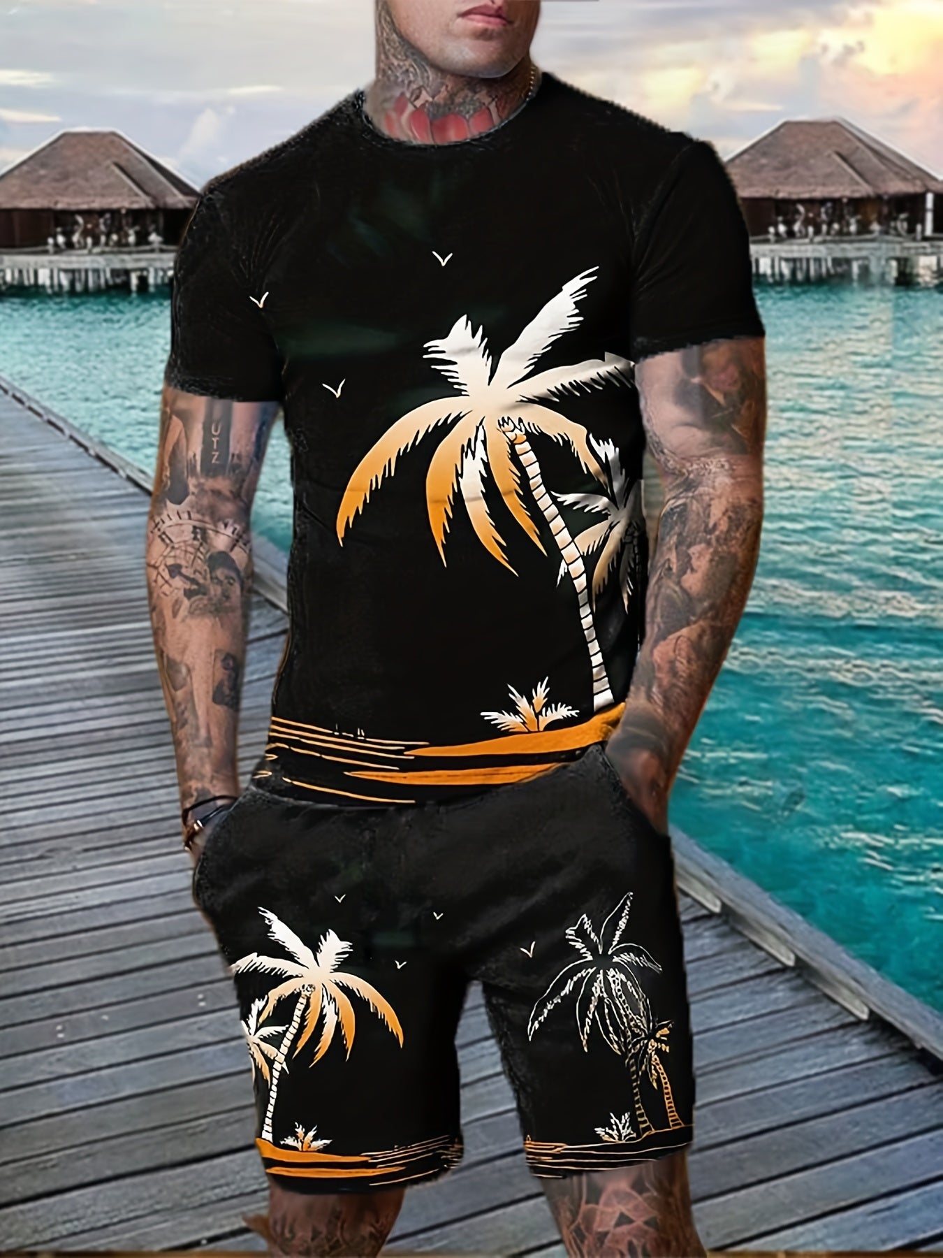 Coconut Tree Print Men's Outfits Casual T-shirt & Shorts Set