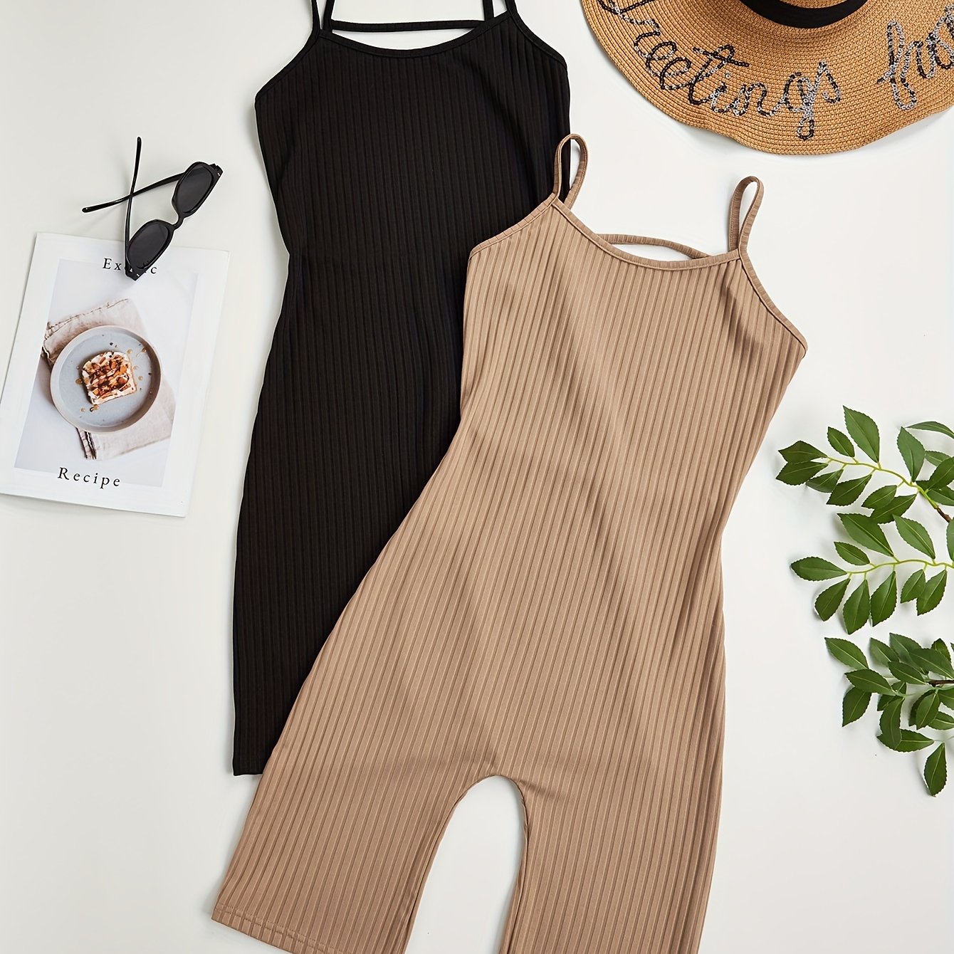 2pcs Solid Ribbed Pajama Rompers Crew Neck Backless Pajamas