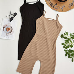 2pcs Solid Ribbed Pajama Rompers Crew Neck Backless Pajamas