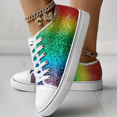 Women's Rhinestone Canvas Lace-Up Low Shoes Glitter Casual Walking Shoes