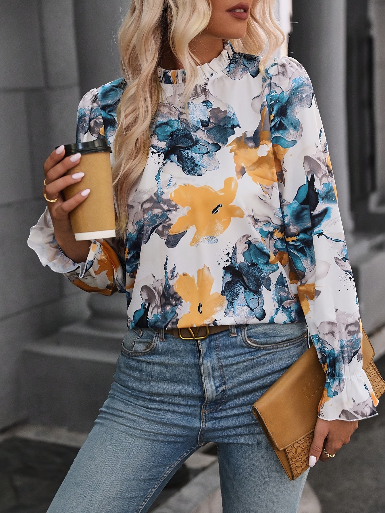 Floral Print Ruffle Trim Plus Size Blouse