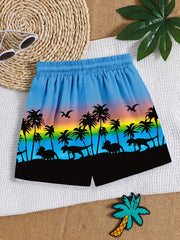 Boys Swim Trunks Coconut Trees Dinosaur Print Elastic Waist Drawstring