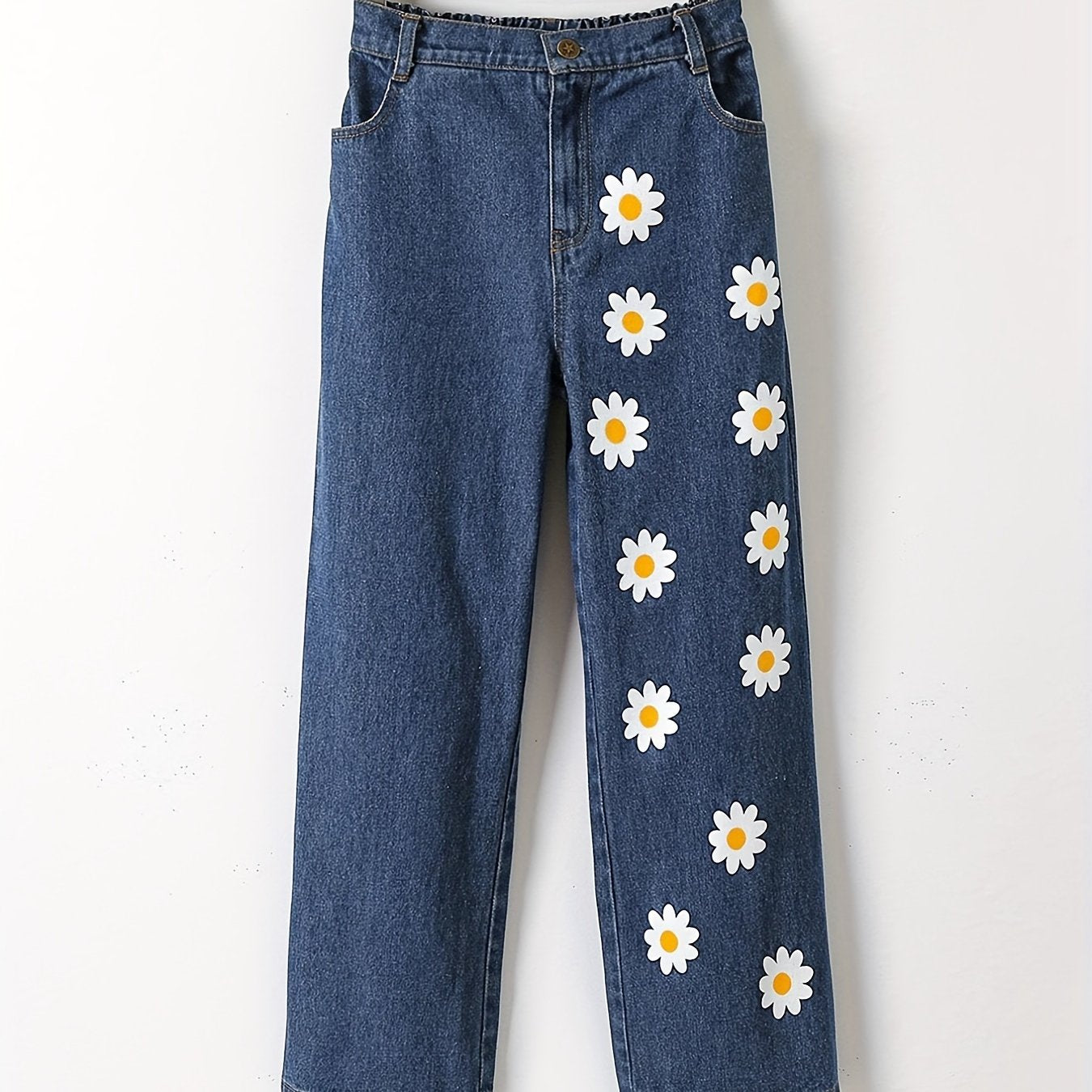 Girls' Daisy Flower Graphic Jeans High Waist Wide Leg Pants