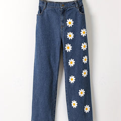 Girls' Daisy Flower Graphic Jeans High Waist Wide Leg Pants