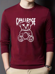 Cartoon Teddy Bear Print Knitted Sweater Men's Casual Warm Pullover