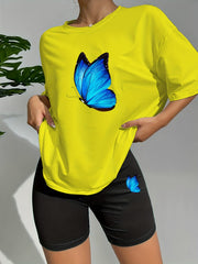 Butterfly Print Lounge Set Short Sleeve Crew Neck Top & Elastic Waistband Shorts