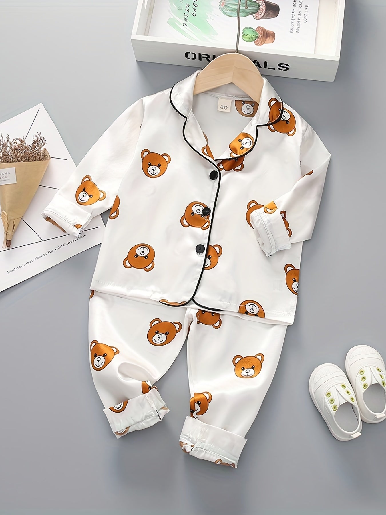 Boys 2pc Bear Print Pajamas Set Long Sleeve Top & Pants Kids Lounge Wear
