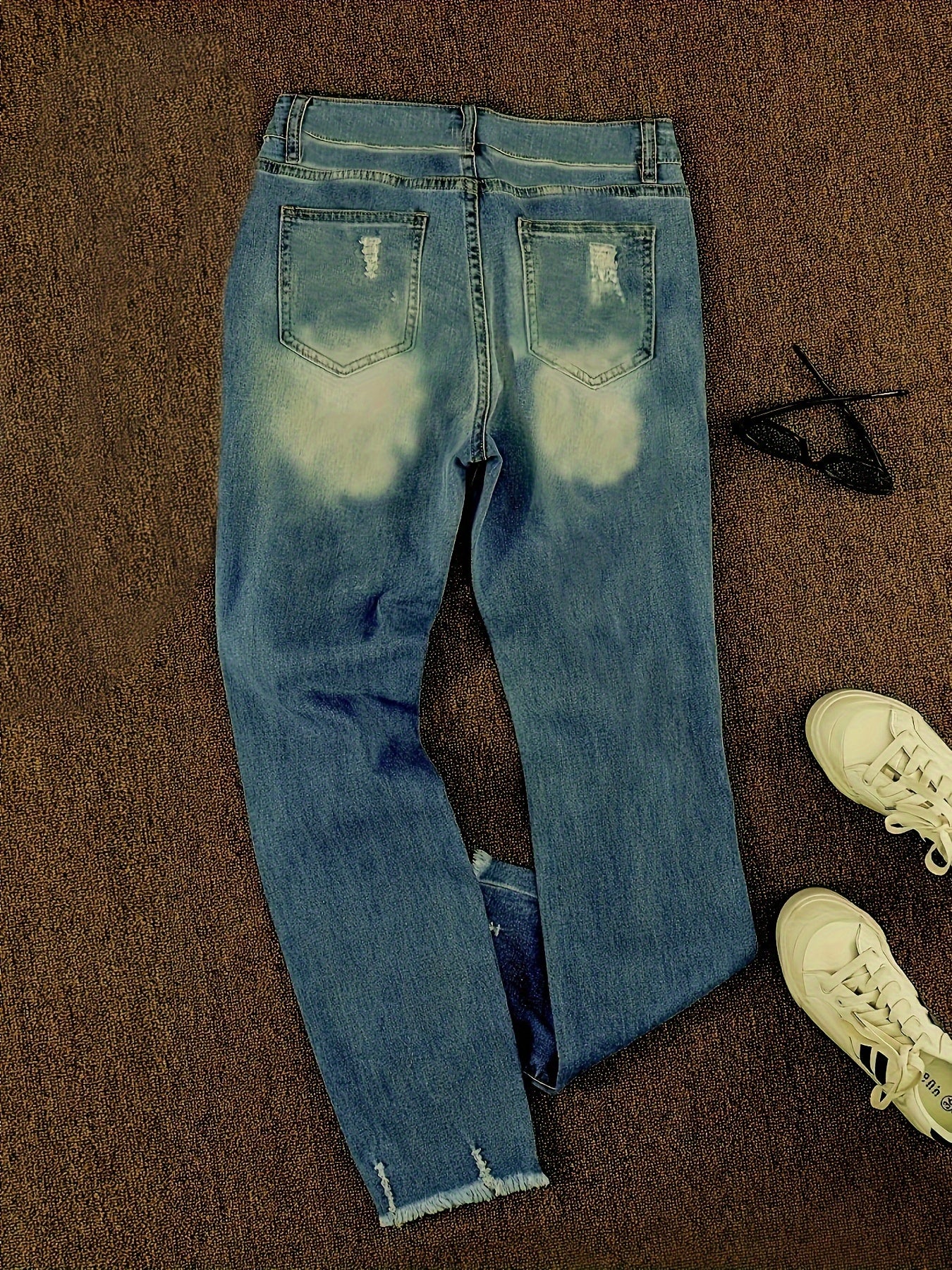 Women's Plus Floral Print Ripped Fringe Trim Jeans