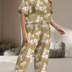 Floral Print Pajama Set Short Sleeve Tee & Pants 2 Piece