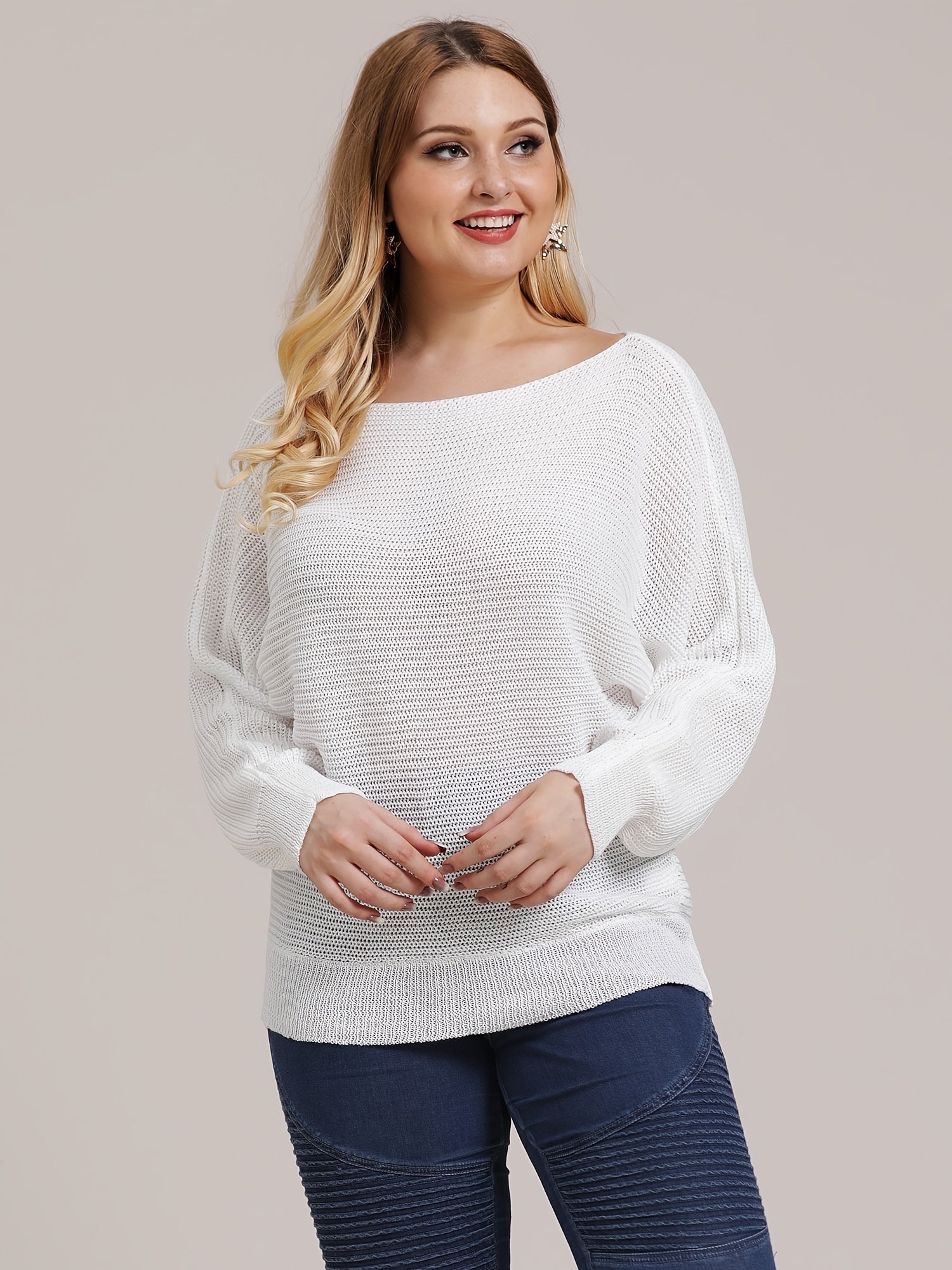 Eyelet Embroidered Boat Neck Long Sleeve Sweater