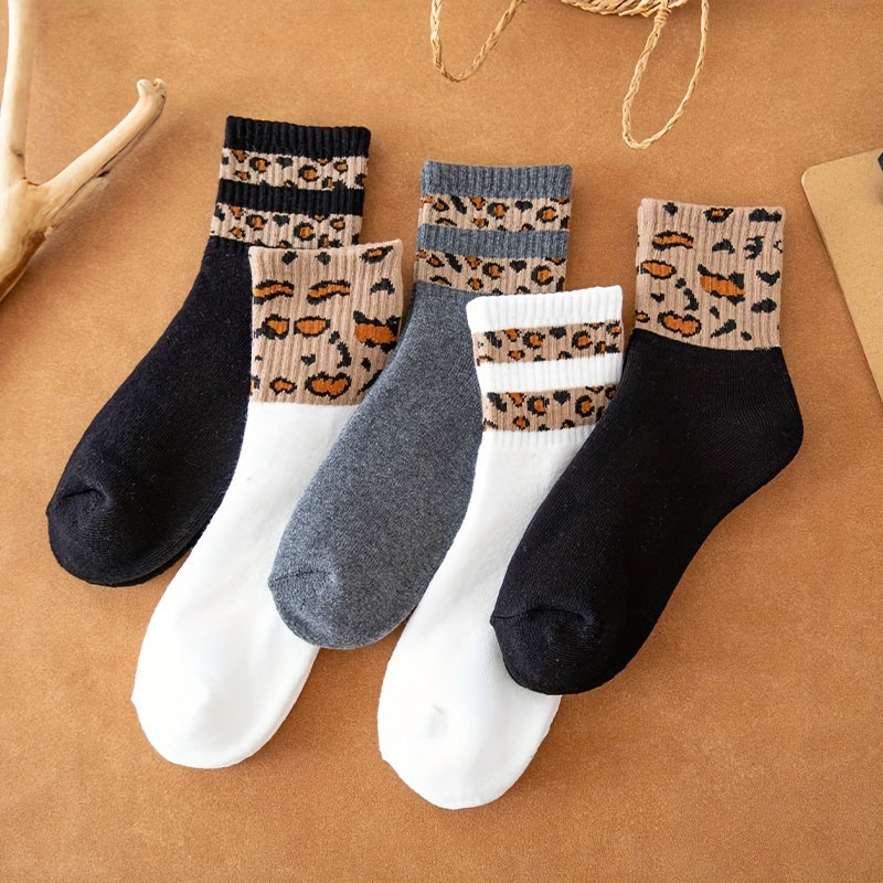 5 Pairs Leopard Striped Socks Women's Mid Tube Stockings
