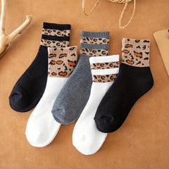 5 Pairs Leopard Striped Socks Women's Mid Tube Stockings