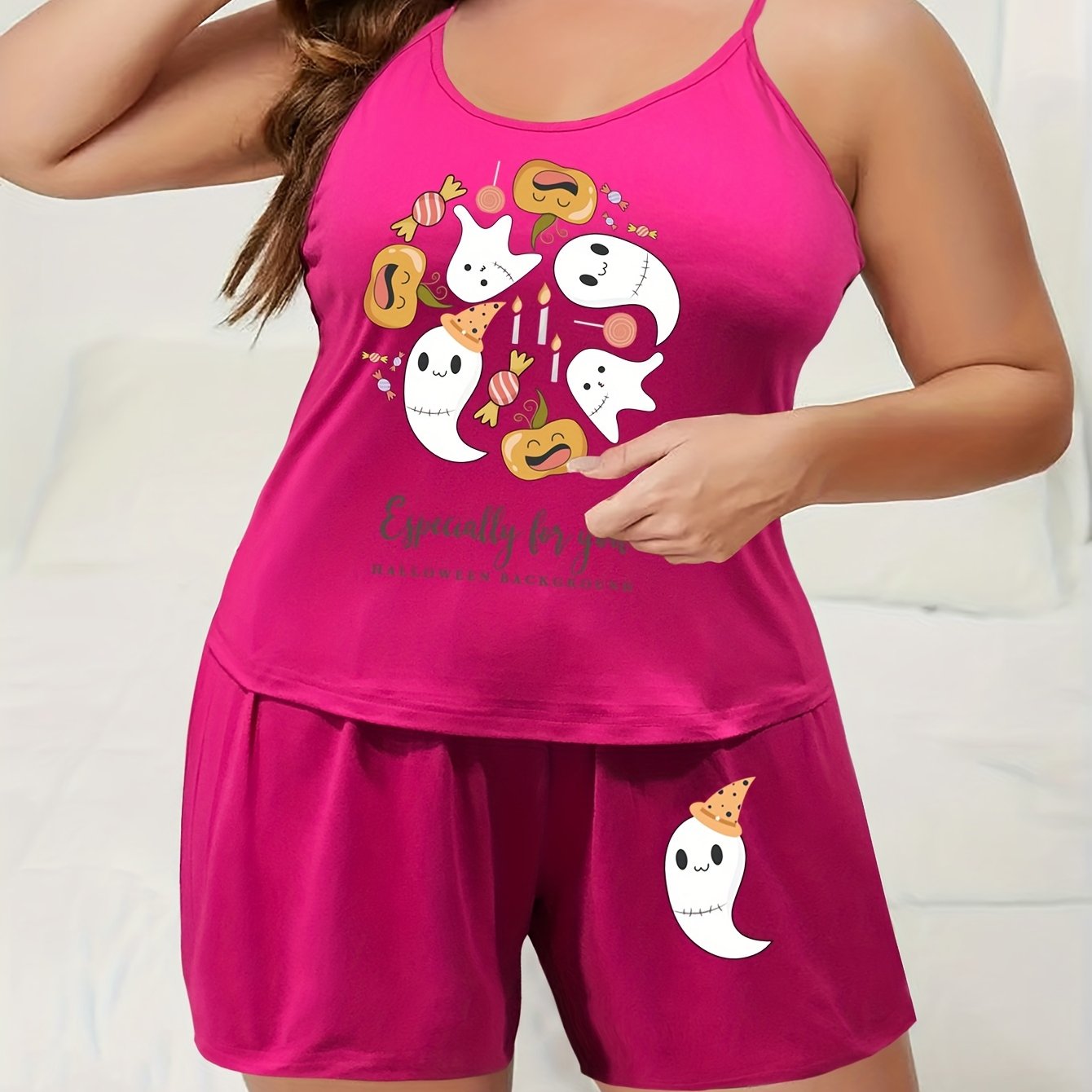 Ghost & Candy Print Pajama Set Women's High Stretch Cami Top & Shorts