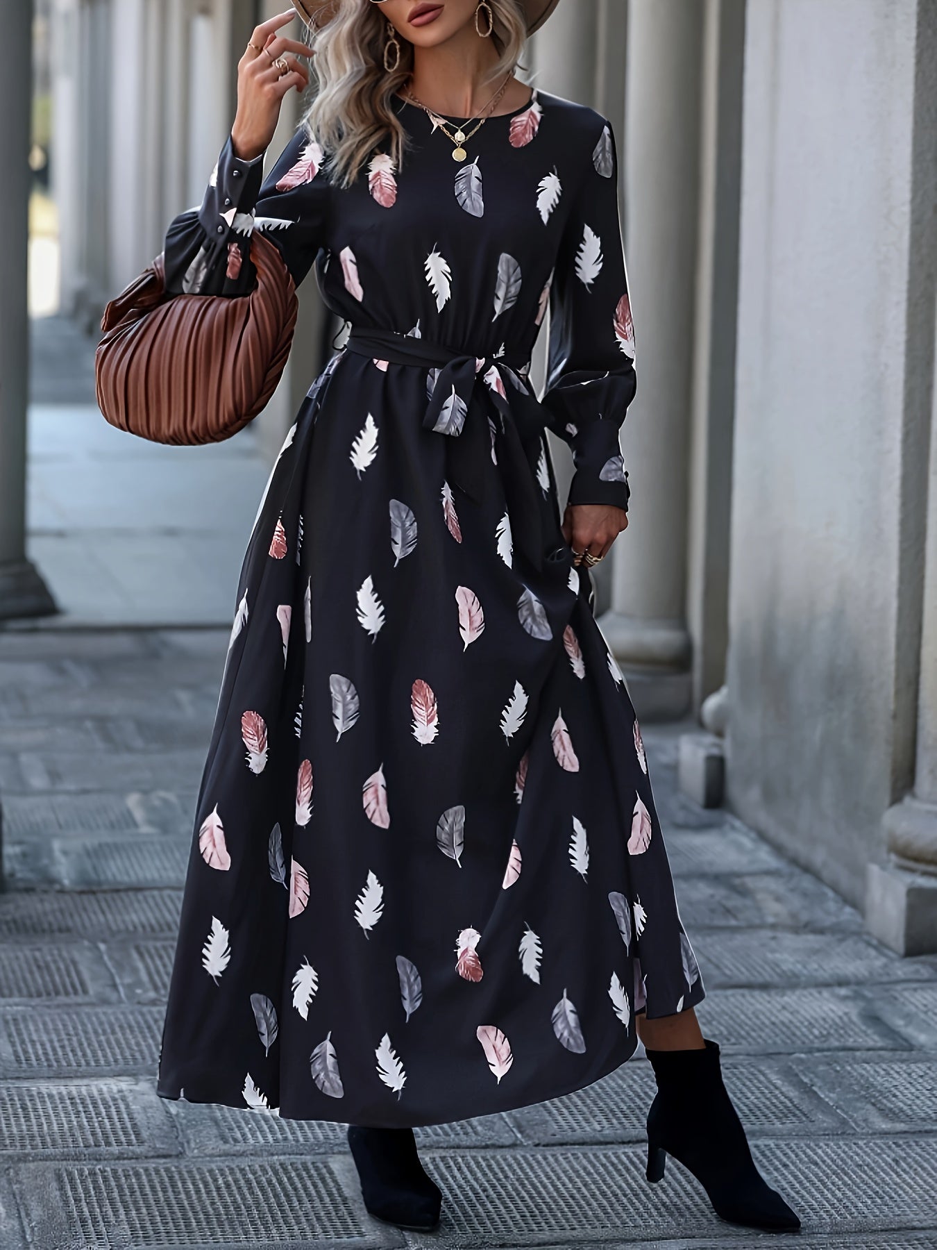 Feather Print Maxi Dress With Belt