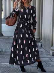 Feather Print Maxi Dress With Belt