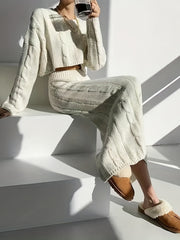 Twist Pattern Knitted Two piece Set Long Sleeve Crop Top & Split Maxi Skirt