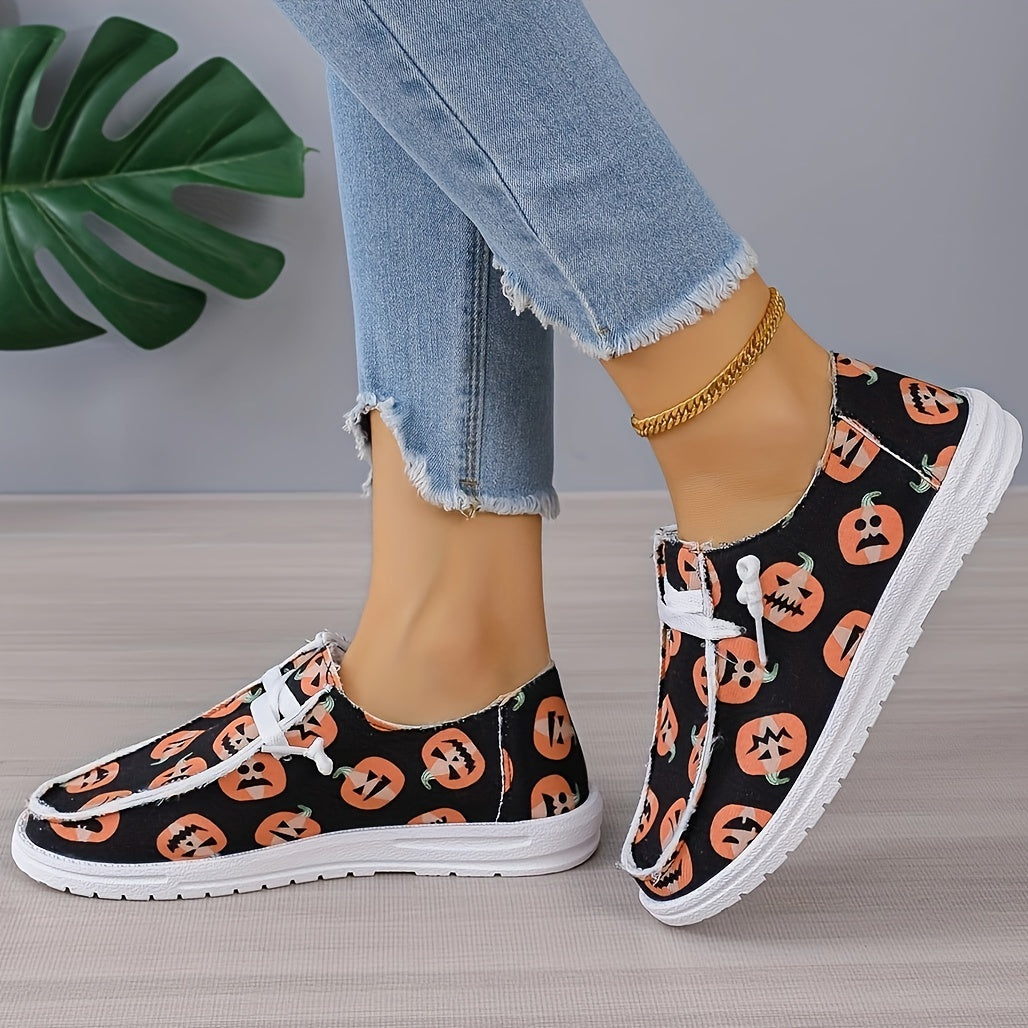 Women's Pumpkin Print Canvas Shoes Casual Lace Up Outdoor Shoes