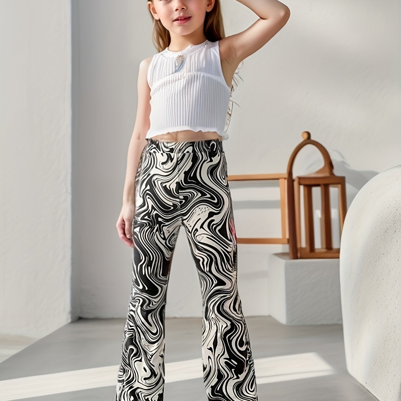 Girls' Swirls Print Bell Bottom Pants Elastic Waist Casual Flared Pants