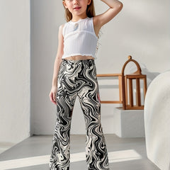 Girls' Swirls Print Bell Bottom Pants Elastic Waist Casual Flared Pants