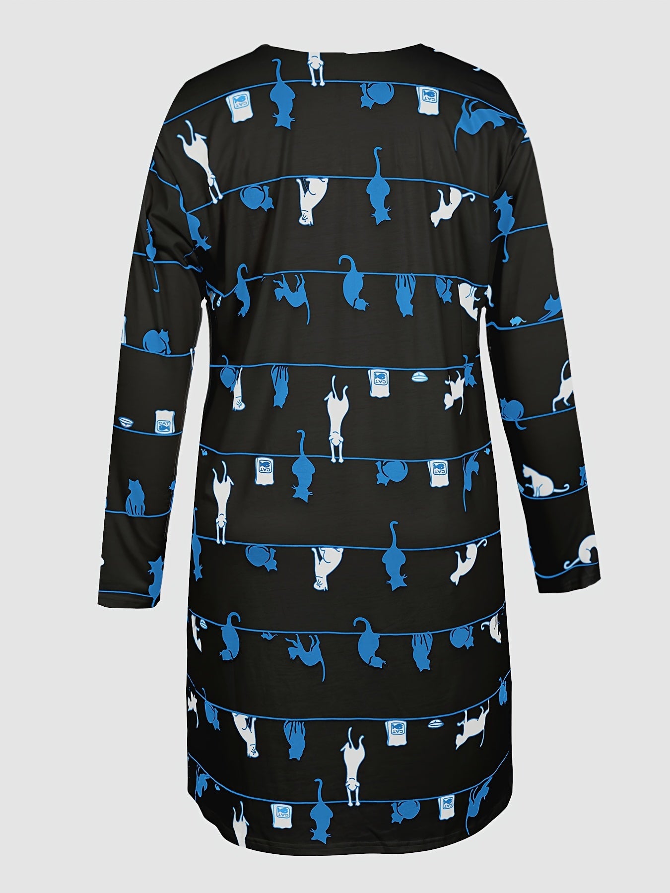 Cat & Stripe Print Long Sleeve V Neck Tee Dress With Pockets