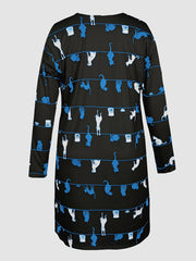 Cat & Stripe Print Long Sleeve V Neck Tee Dress With Pockets