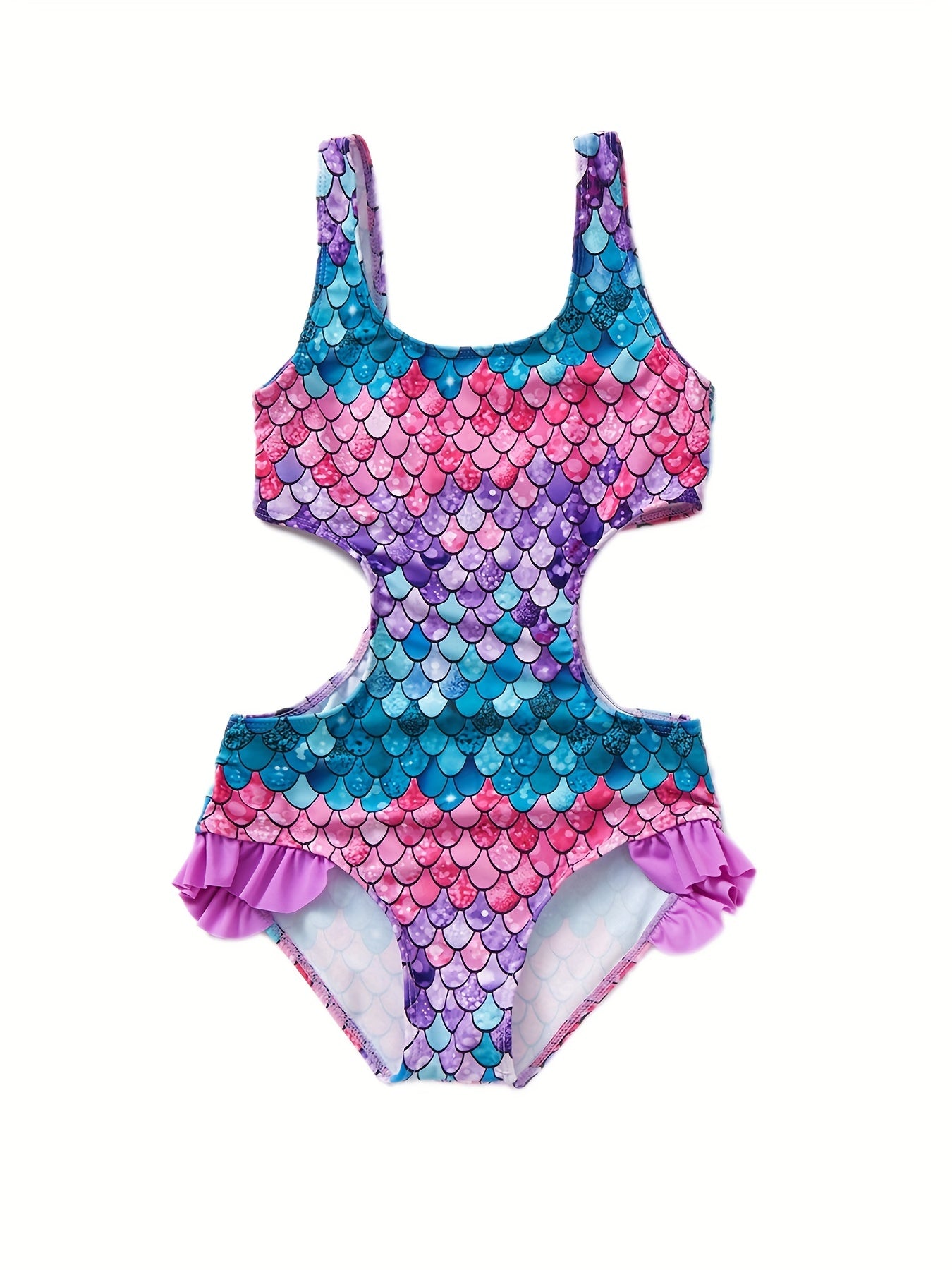 Girls Swimsuit Gradient Fish Scale Graphic Quick Dry Halter Sleeveless Swimwear