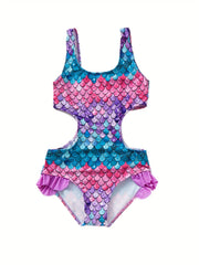 Girls Swimsuit Gradient Fish Scale Graphic Quick Dry Halter Sleeveless Swimwear