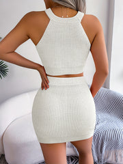 Heart Pattern Knitted Two piece Set Sleeveless Crop Top & Bodycon Skirt