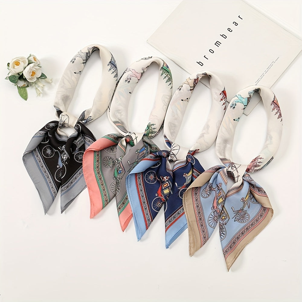 Vintage Carriage Print Satin Square Scarf Bandana Neckerchief Head Wrap