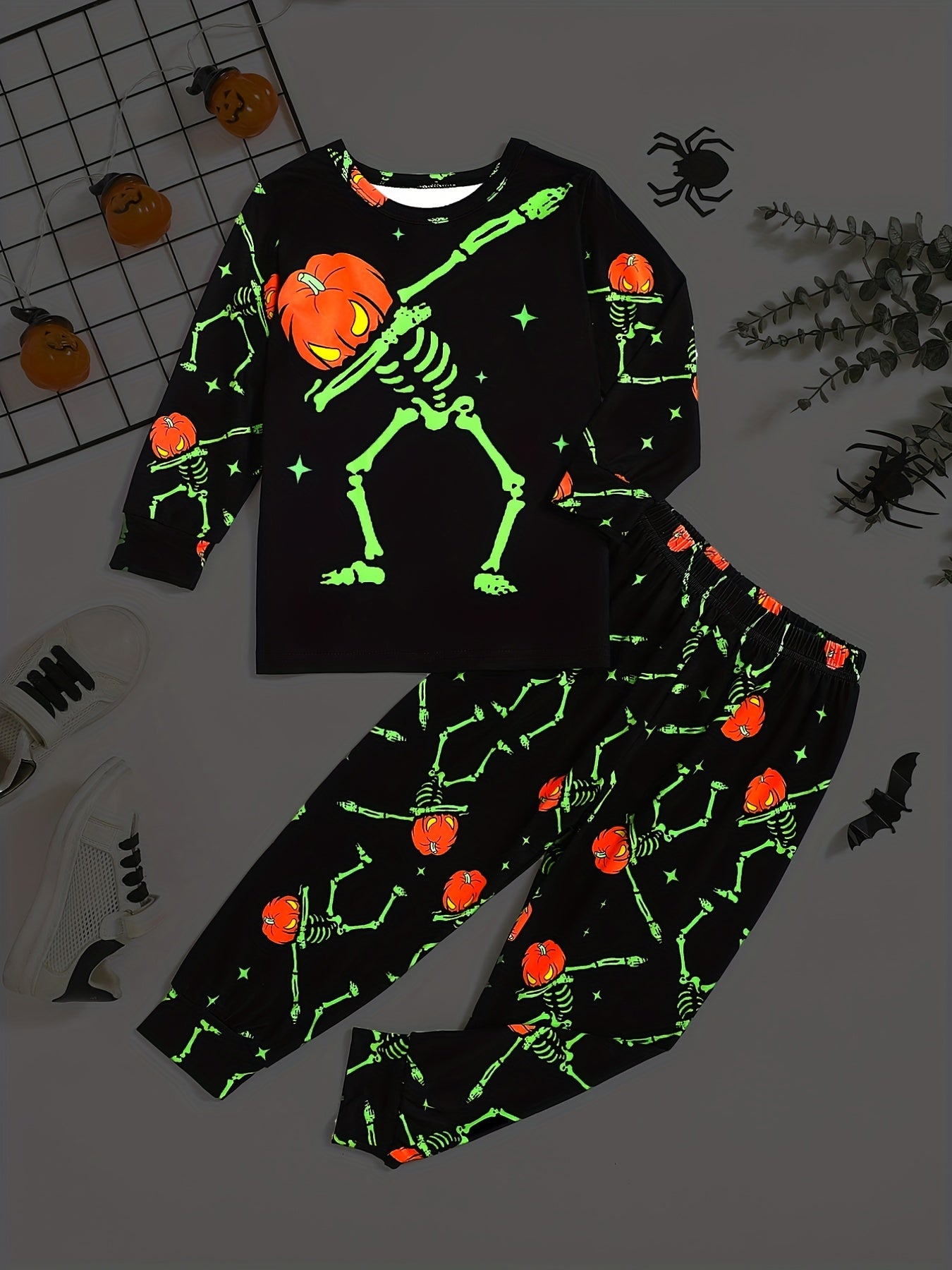 Boys Halloween 2pcs Sweatshirt & Sweatpants Set Pumpkin Skeleton Print