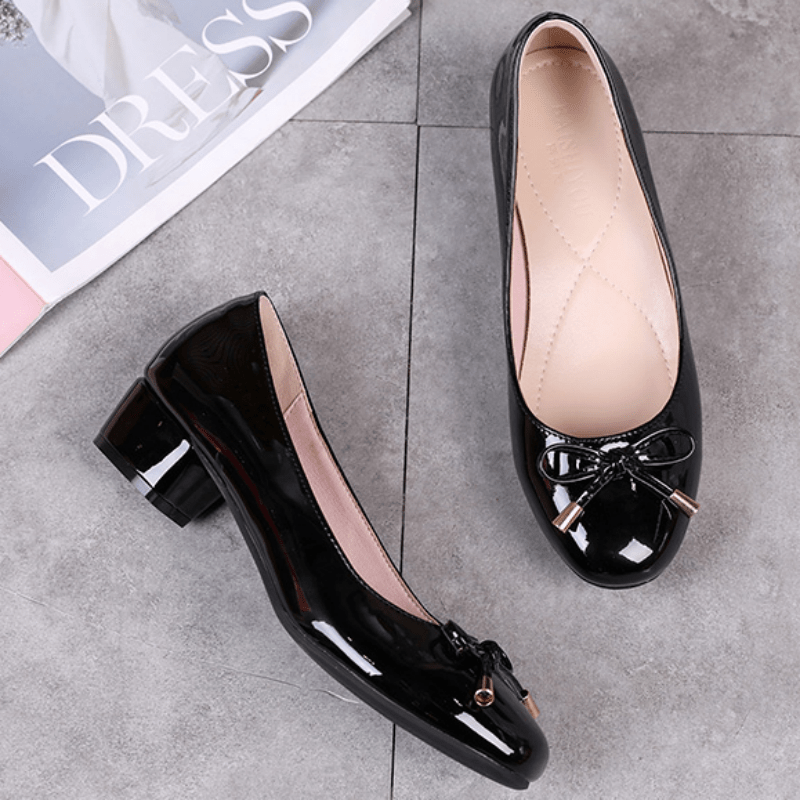 Women's Bowknot Mid Heel Wedding Shoes Soft sole Round Toe PU Leather