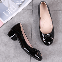 Women's Bowknot Mid Heel Wedding Shoes Soft sole Round Toe PU Leather