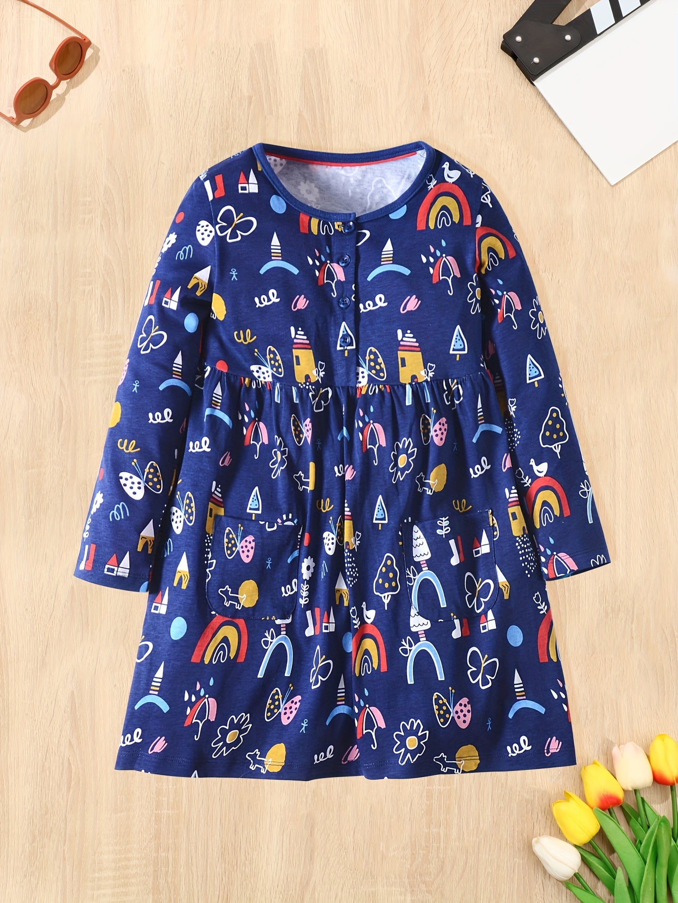 Girls Long Sleeve Cartoon Print Princess Dress