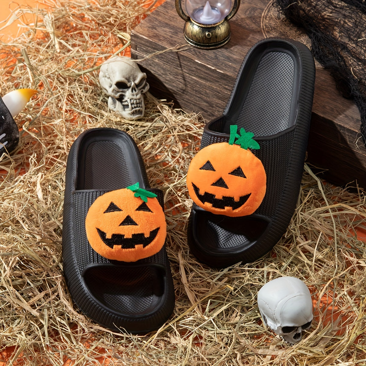 Women's Pumpkin Face Decor Slippers Halloween Shoes