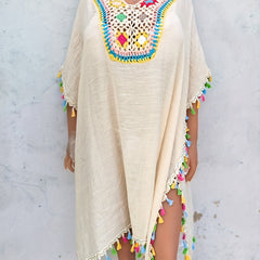 Boho Style Crochet Tassel Trim Cover Up Dress