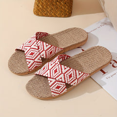 Women's Linen Flat Slides with Geometric Pattern