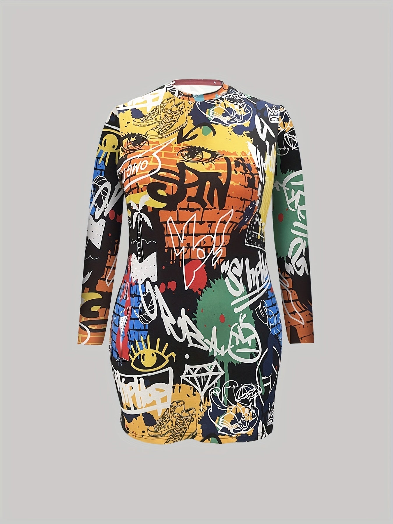 Graffiti Print Long Sleeve Casual Dress