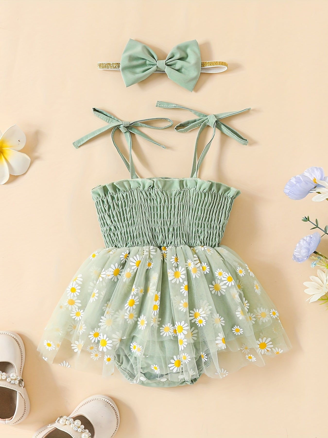 Baby Girls Shirred Mesh Onesie Dress & Headband Set