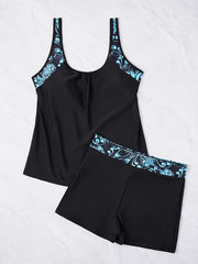 Floral Print Tankini Set Women's Scoop Neck Cami Top & Shorts Swimsuit