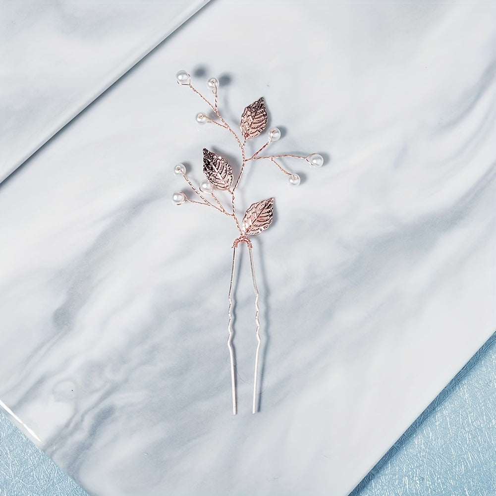 Alloy Leaves Faux Pearl Hairpin Wedding Dress U shaped Hair Headdress