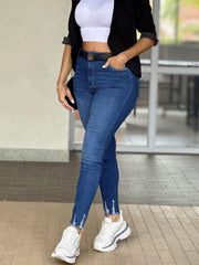Washed Ripped Fringe Trim High Rise Skinny Jeans
