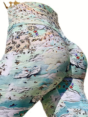 Sea Beach Print High Waist Tummy Control Fitness Pants