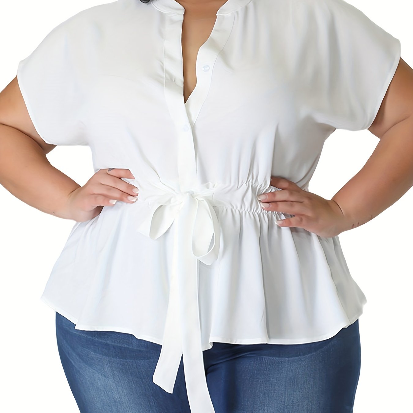 Casual Blouse Women's Plus Plain Button Short Sleeve