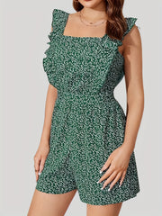 Floral Print Drawstring Romper Jumpsuit Sleeveless Ruffle Trim