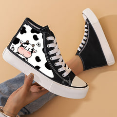 Cow Print High Top Canvas Sneakers Lace Up Skate Shoes