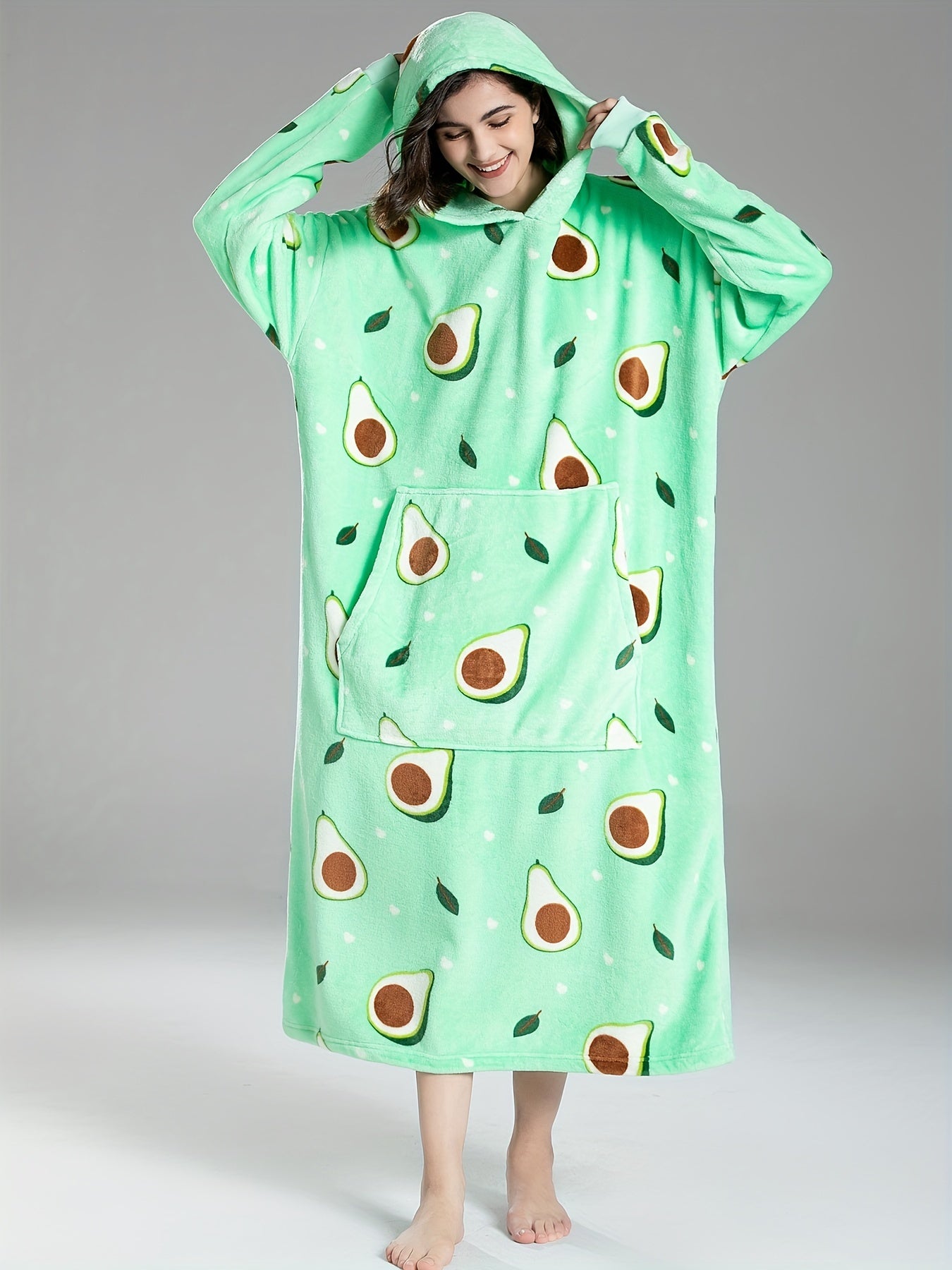 Avocado Pattern Hooded Fleece Nightgown
