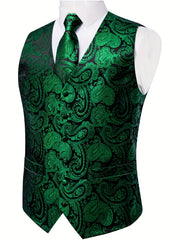 DiBanGu Mens Vest Silk Jacquard Woven Waistcoat Sleeveless Gilet