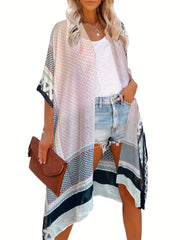 Stripes Print Side Split Tassel Cardigan Cover Up Boho Style Kimono Beach Coveru
